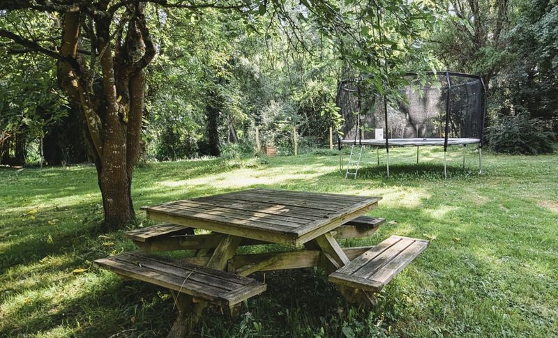 Trampoline et table à l'ombre de l'arbre